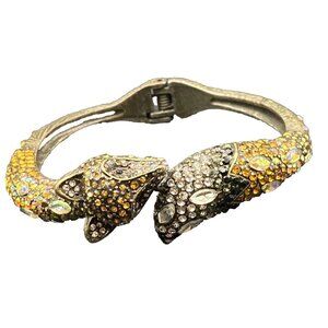 Signed Betsey Johnson Bracelet  Fox Head Tail AB Rhinestone Crystal Bangle Hinge